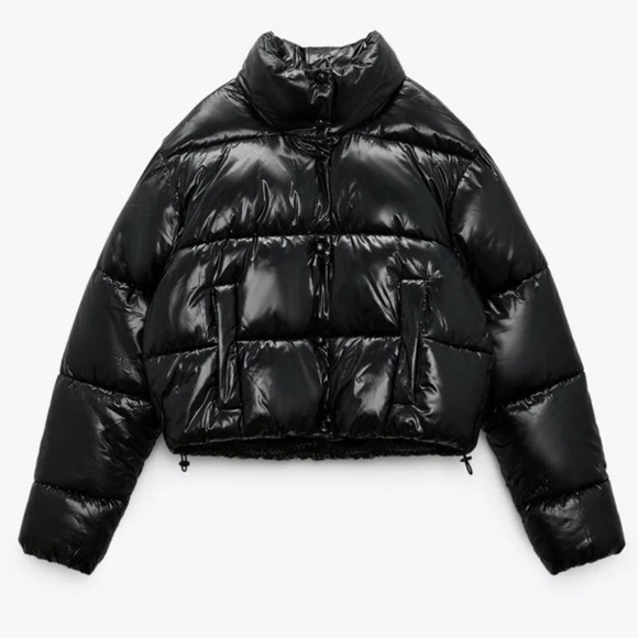 Zara Cropped Black Puffer Jacket Coat with High Neck. Shiny Black. Size Large - Picture 3 of 11